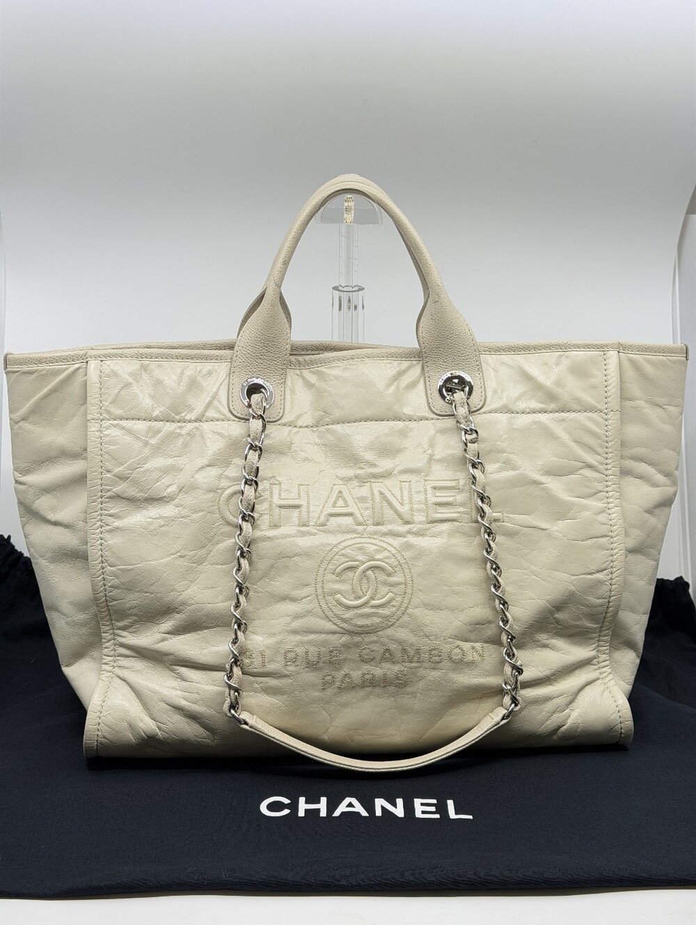 Chanel White Glazed Leather Large Deauville  Shopping Tote Bag-Ecru